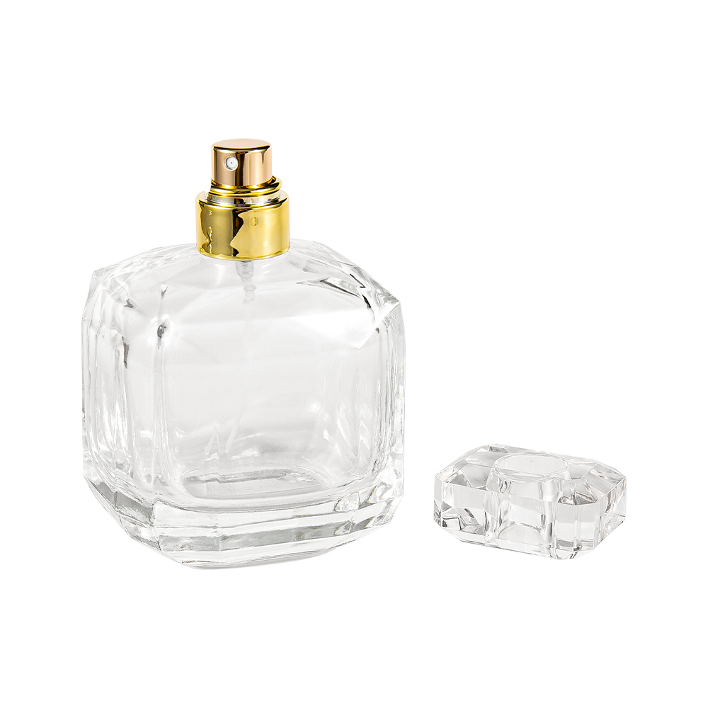 GC3898-WJ2005 100ML Clear Glass Perfume Bottle na May Surlyn Acrylic Cap At Makintab na Gintong Leeg
