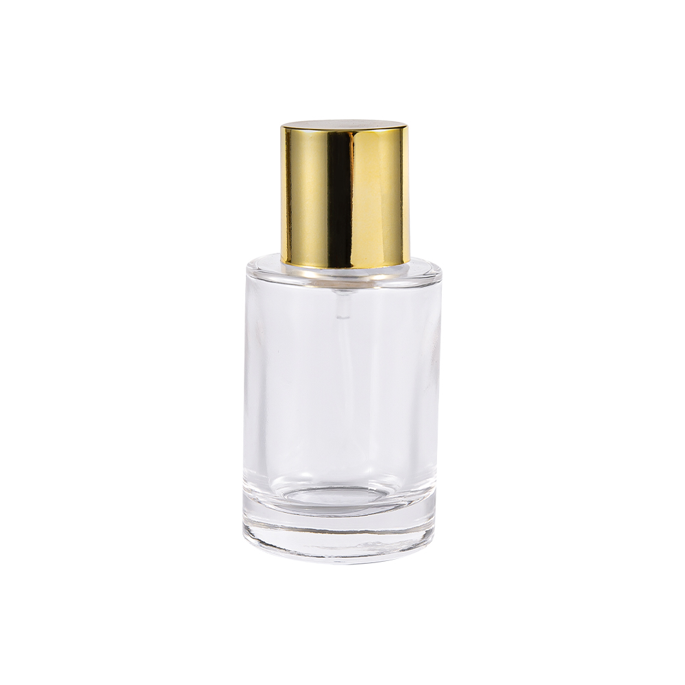 GC4004-WJ2388 Transparent Cylindrical Perfume Glass Bottle UV Bright Gold PP Lid Plastic
