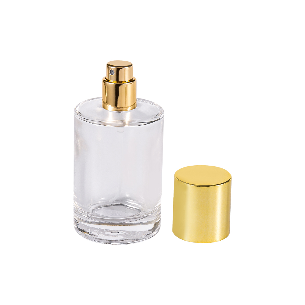 GC4004-WJ2388 Transparent Cylindrical Perfume Glass Bottle UV Bright Gold PP Lid Plastic
