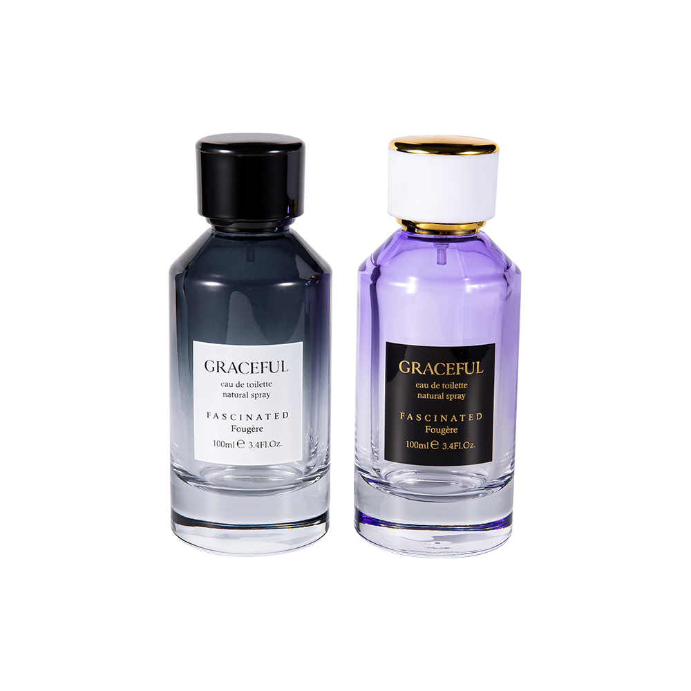 GC4418-WJ2098 100ML Color Coated Printed Glass Perfume Bottle na may Leather ABS Plastic Cap at UV PP Liner