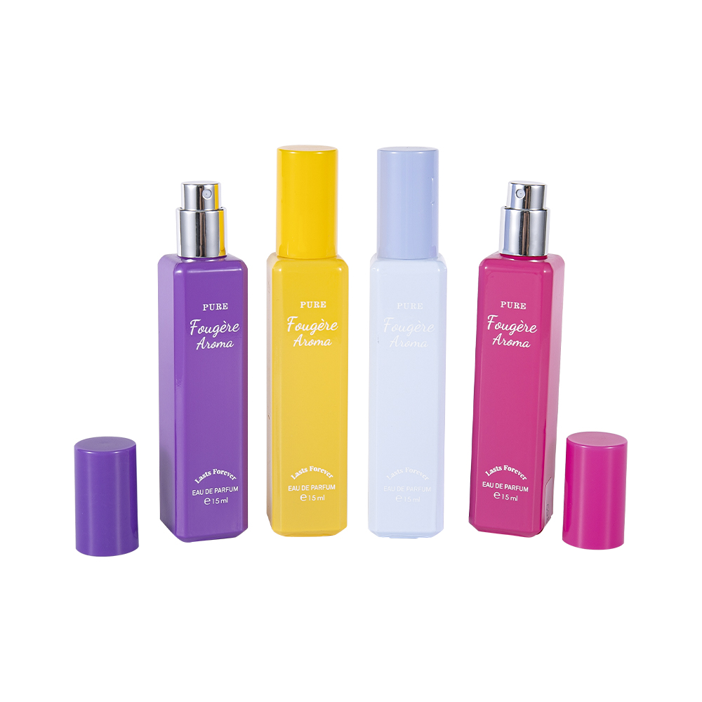 GC4222-WJ2369 15ML Small Capacity Coated Glass Perfume Bottle Na May Makukulay na PP Plastic Cap