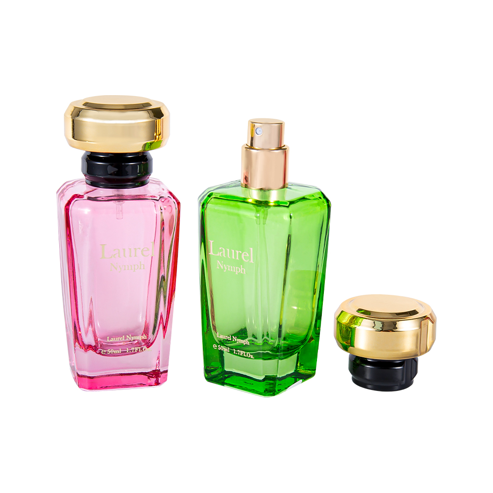 GC4354-WJ2432 50ML UV Coated Pink Green Perfume Bottle Na May Makintab na Gold na Plastic Cap