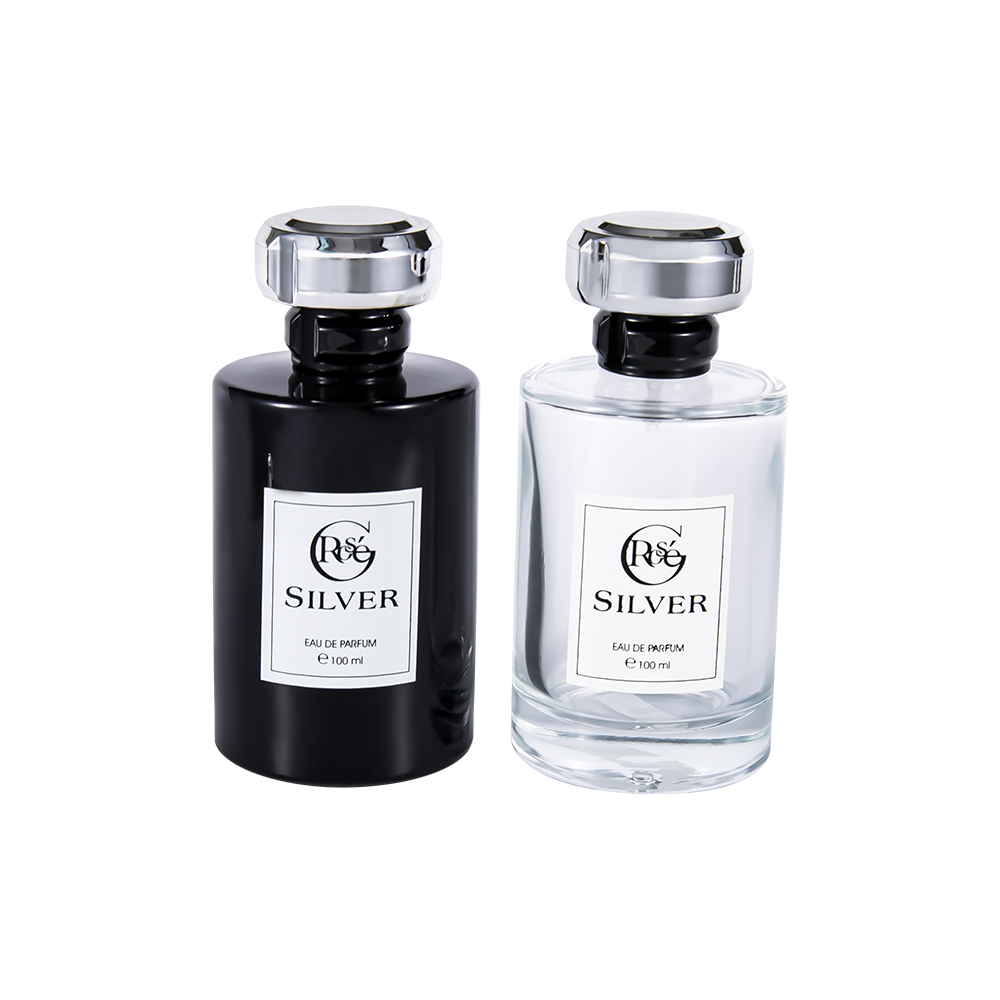 KY1601-WJ2432 100ML Glossy Black Coated Glass Perfume Bottle Na May Uv Silver Plastic Perfume Cap