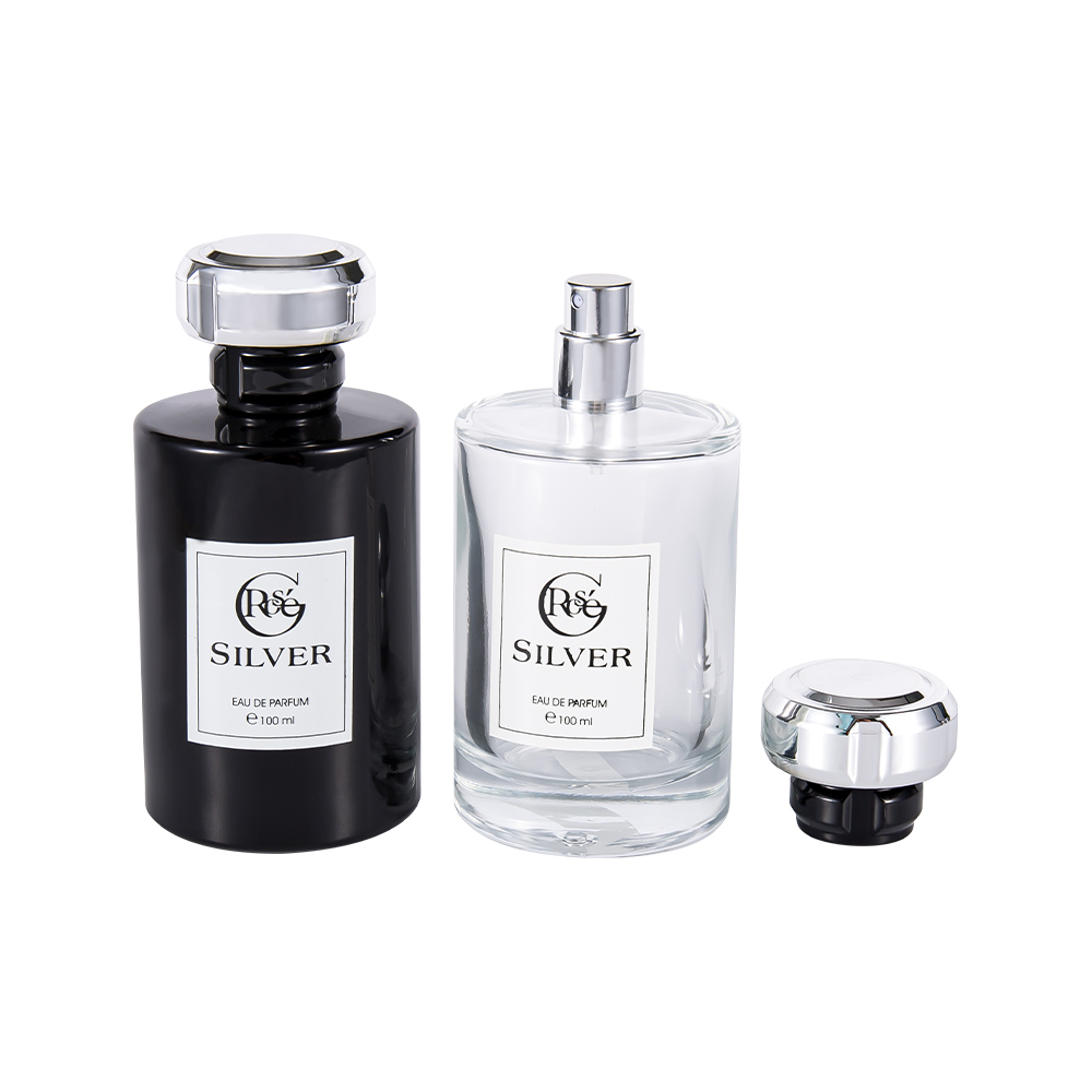 KY1601-WJ2432 100ML Glossy Black Coated Glass Perfume Bottle Na May Uv Silver Plastic Perfume Cap